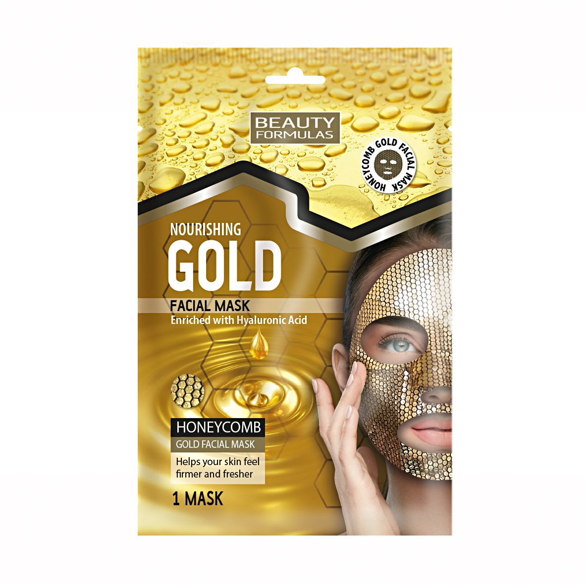 Masca servetel tip fagure Gold, nutritiva, cu acid hialuronic x 1 buc., Beauty Formulas